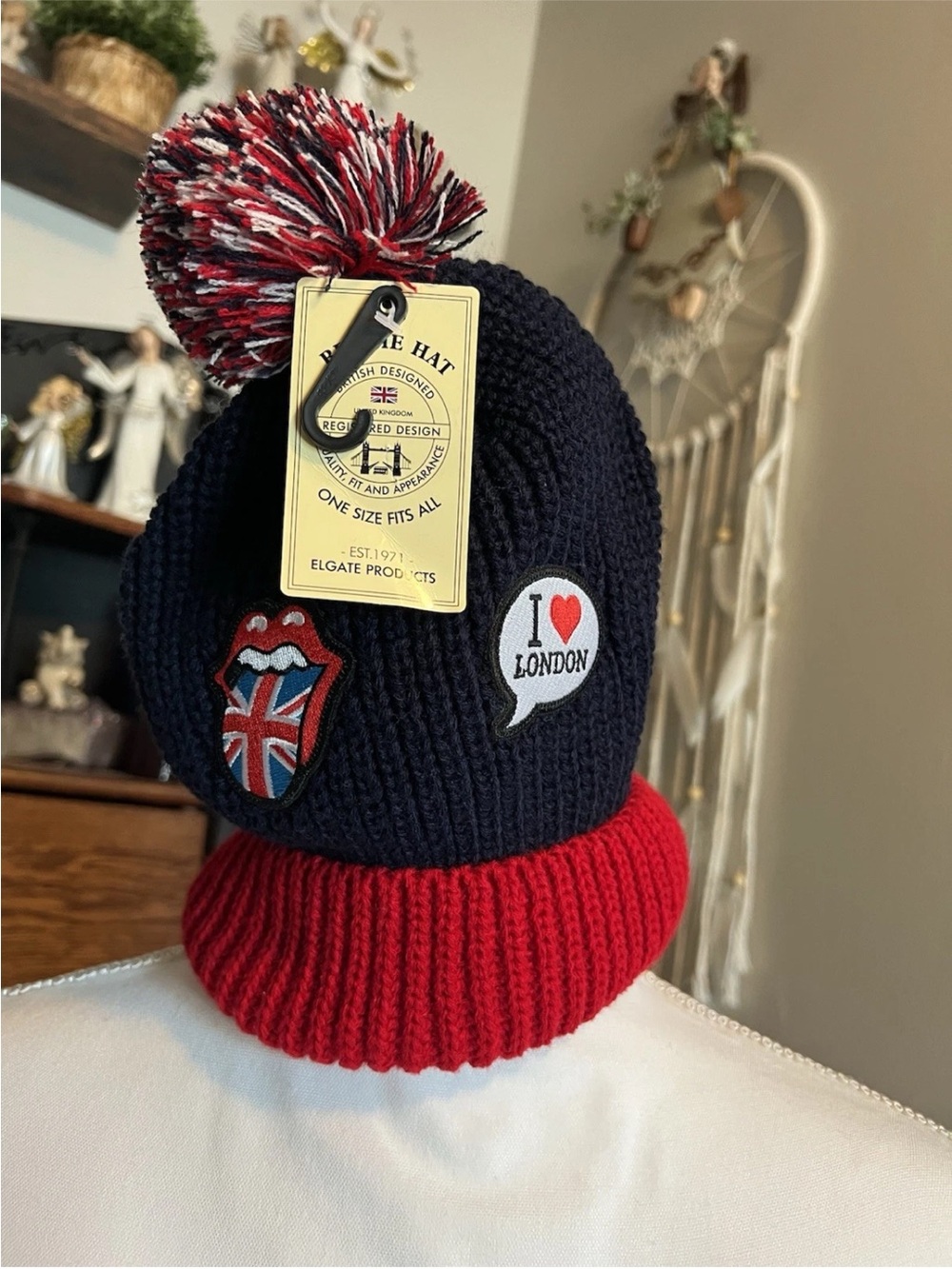 British Design I luv London, Rolling Stones Pom Pom Beanie Hat - Navy & Red